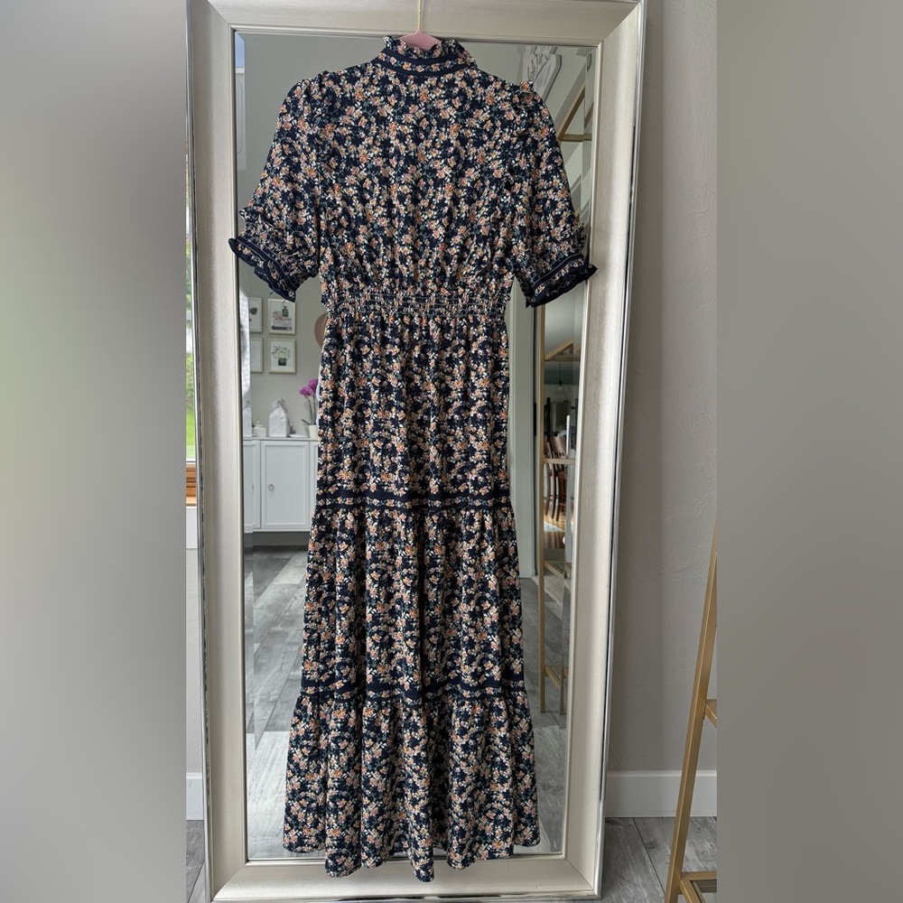 Max Studio Navy Floral Ruffle Maxi Dress | Size Small | Boho Cottagecore - Picture 7 of 8